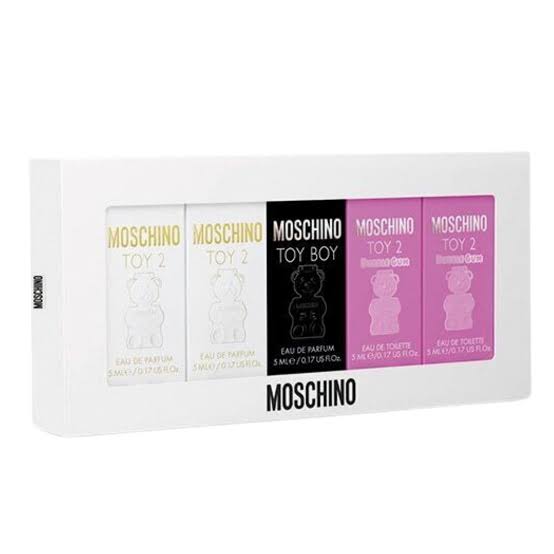 Moschino Miniature Collection Set by Moschino for Unisex - 5 Pc Mini Gift Set 2 x 0.17oz Toy 2 Bubble Gum EDT Spray, 2 x 0.17oz Toy 2 EDP Spray, 0.17oz Toy Boy EDP Spray